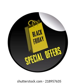 a black sticker with yellow text and a bag for black friday
