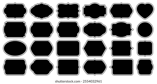 Black stickers, decorative frames. Set of graphic antique frames, collection of retro labels, royal wedding, sticker for sale or an invitation card. Isolated vector symbols. Simple line label set sale