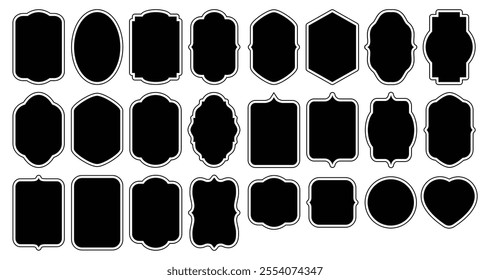 Black stickers, decorative frames. Set of graphic antique frames, collection of retro labels, royal wedding, sticker for sale or an invitation card. Isolated vector symbols. Simple line label set sale