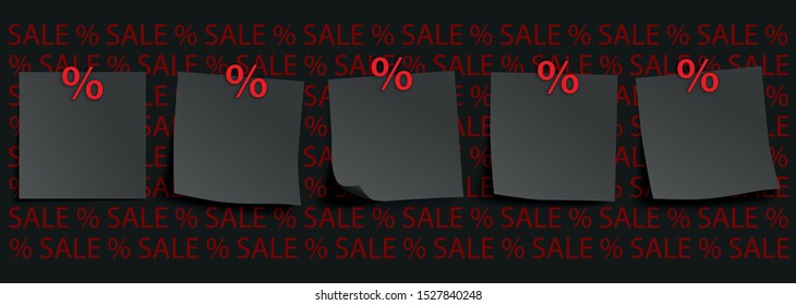 Black stickers with red percent signs on a dark background. Eps 10 vector file.