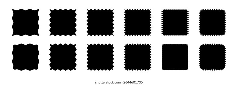 Black stickers set. Badge, seal silhouettes. Set of square shapes with zigzag, wavy, and starburst edges. Blank labels for stamps, awards, logos. Graphic vector illustration.