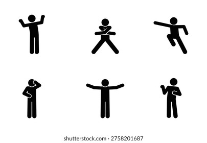 Black stickman hand gesture vector set on white background. Various hand signs and poses for communication, expression, and symbols in simple minimal style.