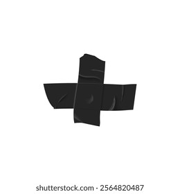 Black sticky scotch tape stripes cross form, adhesive wrinkled pieces, torn paper stickers. Vector realistic illustration torn glued ribbon pieces of masking duct tape, insulating plaster or patch