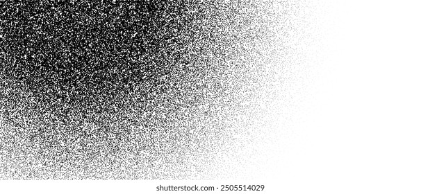 Black stipple curved gradient texture. Grunge dotted noise background. Black gritty splattered sand halftone overlay. Radial distressed sprayed dot work grain with specks, dust, dots, speckles. Vector