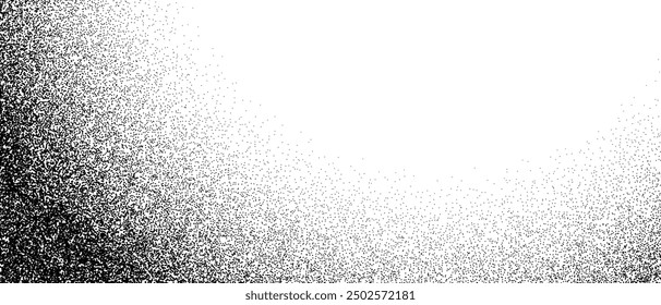 Black stipple gradient texture. Grunge dotted noise background. Black gritty splattered sand halftone overlay. Round distressed sprayed dot work grain with specks, dust, dots, speckles. Vector