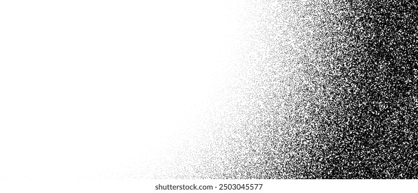 Black stipple gradient texture. Grunge dotted noise background. Black gritty splattered sand halftone overlay. Curved distressed sprayed dot work grain with specks, dust, dots, speckles. Vector