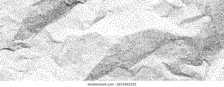 Black stippled crumpled paper texture. Dotted wrinkled effect background. Gritty creased paper sheet backdrop. Aged damaged gritty overlay. Noisy grain battered notebook page. Vector rough wallpaper