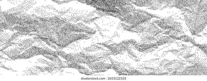 Black stippled crumpled paper texture. Rough dotted wrinkled effect background. Gritty creased paper sheet backdrop. Noisy grainy notebook page wallpaper. Aged damaged gritty overlay. Vector