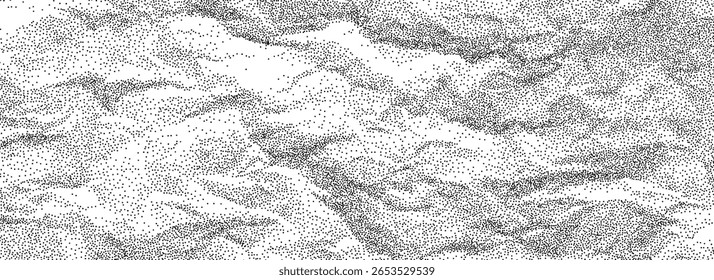 Black stippled crumpled paper texture. Rough dotted wrinkled background. Gritty creased paper sheet backdrop. Noisy grainy notebook page wallpaper. Aged damaged gritty overlay. Vector