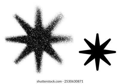 Preto pontilhado oito pontos starburst com uma versão sólida ao lado dele, perfeito para elementos de design abstrato ou gráfico.