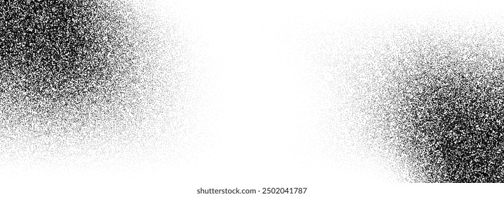 Black stippled gradient texture. Grunge dotted noise background. Gritty splattered sand halftone overlay. Distressed sprayed dot work grain with specks, dust, dots, speckles, particles. Vector