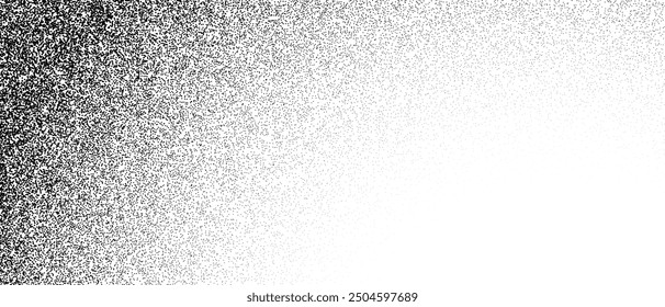 Black stippled gradient texture. Grunge dotted noise background. Black gritty splattered sand overlay. Curved distressed sprayed dot work grain with specks, dust, dots, speckles. Vector halftone