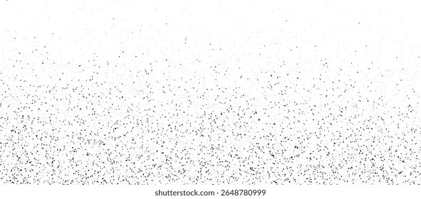 Textura de gradiente de meio-tom pontilhado em preto. Fundo de ruído pontilhado grunge. Cobertura de areia espirrada de areia preta. Grão de trabalho de ponto borrifado angustiado curvo com manchas, poeira, pontos, manchas