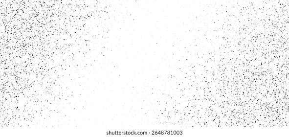 Textura de gradiente de meio-tom pontilhado em preto. Fundo de ruído pontilhado grunge. Cobertura de areia espirrada de areia preta. Grão de trabalho de ponto borrifado angustiado curvo com manchas, poeira, pontos, manchas