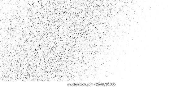 Textura de gradiente de meio-tom pontilhado em preto. Fundo de ruído pontilhado grunge. Cobertura de areia espirrada de areia preta. Grão de trabalho de ponto borrifado angustiado curvo com manchas, poeira, pontos, manchas