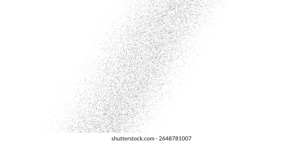 Black stippled halftone gradient texture. Grunge dotted noise background. Black gritty splattered sand overlay. Curved distressed sprayed dot work grain with specks, dust, dots, speckles