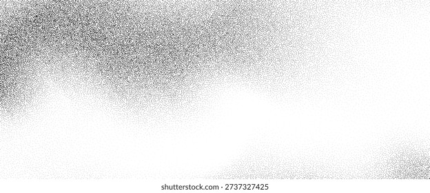 Black stippled sand wavy texture. Sandy dotted gradient wave background. Grungy grain noise speckle wallpaper for banner, poster, brochure. Grit backdrop with specks, particles, granules. Vector