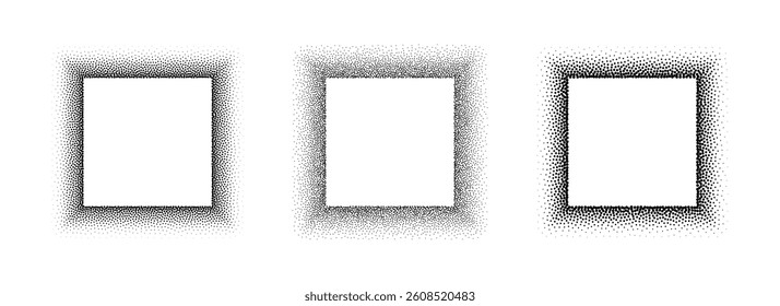 Black stippled square frame set. Dotted gradient border collection. Square picture holders for banner template, copy space, collage, emblem, poster, box. Vector stipple frame element bundle
