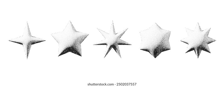 Black stippled star set. 3d dotted textured flares and sparkles collection. Halftone grainy noise starburst shape bundle. Dotwork grunge asterisk elements. Vector pack