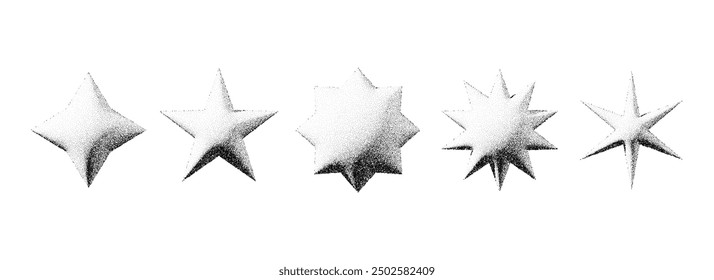 Conjunto de estrellas punteadas negras. 3D salpicado de destellos texturizados y destellos de colección. Paquete de forma de estallido de ruido granulado de semitono. Asterisco grunge punteado y Elementos de estrellas. paquete de Vector