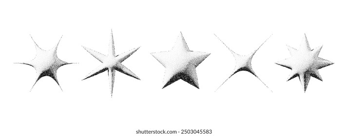Black stippled star set. 3d dotted textured flares and sparkles collection. Halftone grainy noise starburst shape bundle. Dot work grunge asterisks and stars element pac for poster, banner. Vector