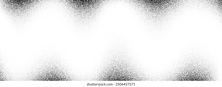 Black stippled wavy gradient texture. Grunge dotted noise background. Gritty scattered sand halftone overlay. Distressed sprayed dot work grain with specks, dust, dots, speckles, particles. Vector