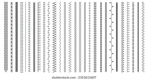 Black stitches collection. Seamless print of decorative cross stitch patterns, old fashion embroidery lace brush thread design. Vector set. Zigzag and dashed stripes or detailed borders