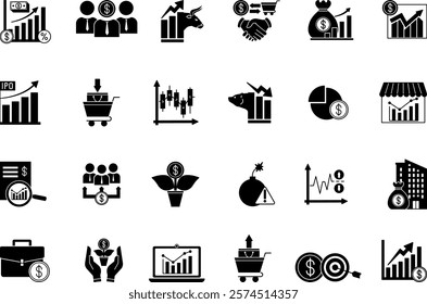 Black Stock Market Icon Set. Vector Icons Buy, Sell, Stock Exchange, Bull Market, Bear Market, Investor, Dividends, Profit, Candlestick Chart, Campaign, Capitalization, and More