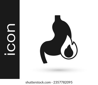 Black Stomach heartburn icon isolated on white background. Stomach burn. Gastritis and acid reflux, indigestion and stomach pain problems.  Vector