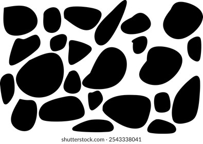 black stone arrangement background vector, Collection of irregular organic blob shapes. Black random deformation points, fluid circles Isolated on white background. Organic amoeba, Doodle droplets
