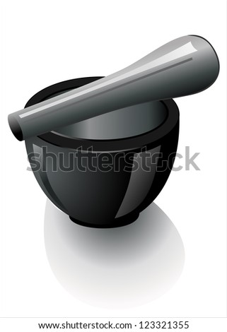 Black stone mortar and pestle over white background