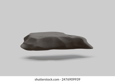 Black stone platform. Vector 3D illustration of a floating podium made of rough stone for product display. Natural stone block isolated on white background.