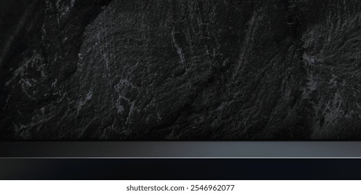 Black stone wall with limbo effect background. Dark gray wall of studio, room, with stand for product display. Modern horizontal banner with empty place for advertising. Abstract vector illustration.