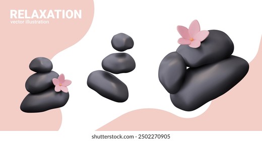 Black stones for heating, massage, therapy. Set of smooth pebbles for spa treatments