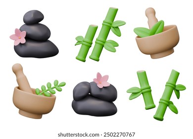 Black stones for hot therapy, green bamboo, mortar with pestle and herbs