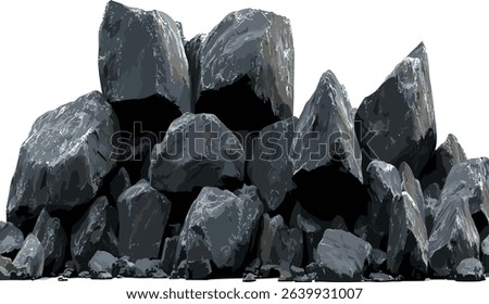 Black stones rocks pile vector, transparent background, PNG, cutout, ground texture, stone pile illustration, natural rocks, stone design, rock texture, nature