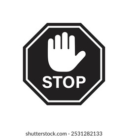 black stop hand sign, stop hand vector printable design, isolated on white background. Traffic regulatory warning stop symbol. 
