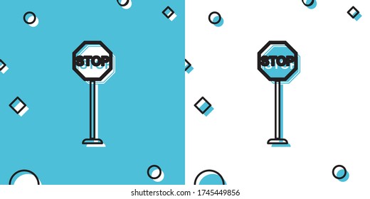 Icono de paro negro aislado en fondo azul y blanco. Símbolo de detención de advertencia de tráfico. Formas dinámicas aleatorias. Ilustración vectorial