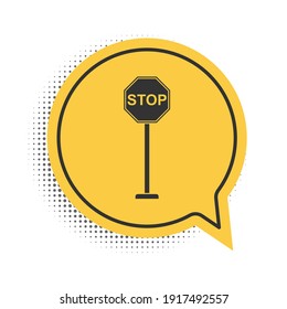 Icono de paro negro aislado en fondo blanco. Símbolo de detención de advertencia de tráfico. Símbolo amarillo de burbuja de habla. Vector.