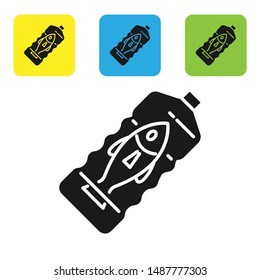 Black Stop ocean plastic pollution icon isolated on white background. Environment protection concept. Fish say no to plastic. Set icons colorful square buttons. Vector Illustration