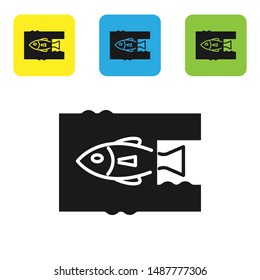 Black Stop ocean plastic pollution icon isolated on white background. Environment protection concept. Fish say no to plastic. Set icons colorful square buttons. Vector Illustration
