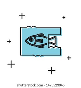 Black Stop ocean plastic pollution icon isolated on white background. Environment protection concept. Fish say no to plastic.  Vector Illustration