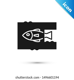 Black Stop ocean plastic pollution icon isolated on white background. Environment protection concept. Fish say no to plastic.  Vector Illustration