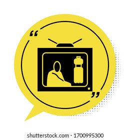 Black Stop plastic pollution icon isolated on white background. Ecological poster. Yellow speech bubble symbol. Vector Illustration