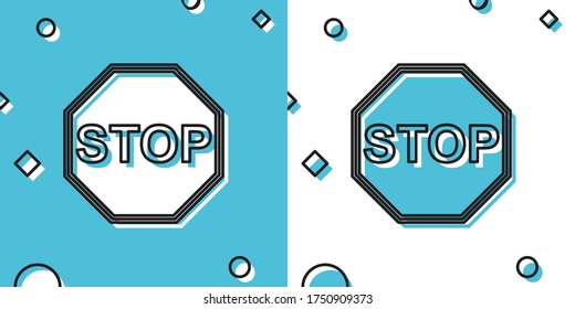 Black Stop sign icon isolated on blue and white background. Traffic regulatory warning stop symbol. Random dynamic shapes. Vector Illustration