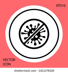 Black Stop virus, bacteria, germs and microbe icon isolated on red background. Antibacterial and antiviral defence, protection infection. White circle button. Vector Illustration