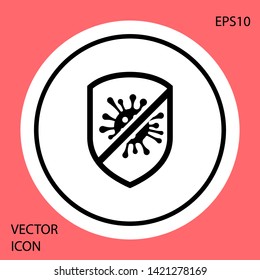 Virus de parada negra, bacterias, gérmenes e icono de microbio aislado sobre fondo rojo. Defensa antibacteriana y antiviral, protección contra infecciones. Botón de círculo blanco. Ilustración vectorial