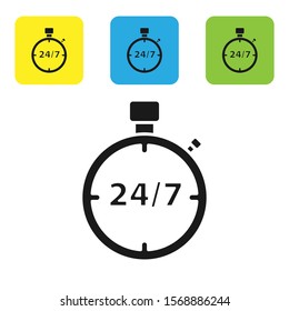 Black Stopwatch 24 hours icon isolated on white background. All day cyclic icon. 24 hours service symbol. Set icons colorful square buttons. Vector Illustration