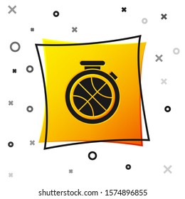 Black Stopwatch with basketball ball inside icon isolated on white background. Basketball time. Sport and training. Yellow square button. Vector Illustration