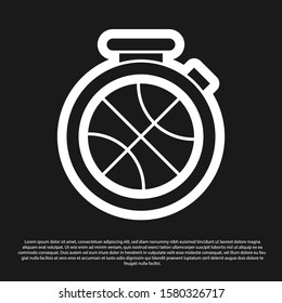 Black Stopwatch with basketball ball inside icon isolated on black background. Basketball time. Sport and training.  Vector Illustration